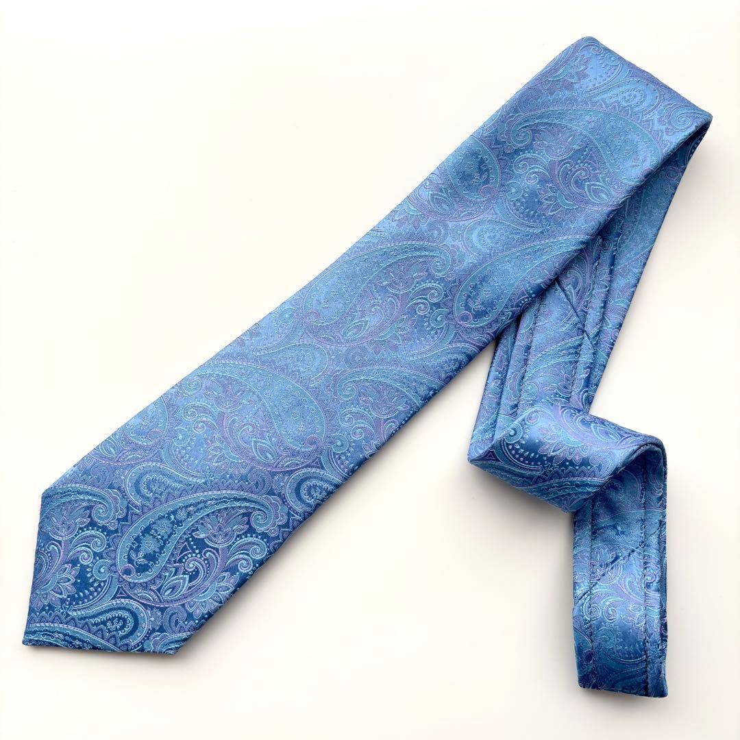 ꧁極美品꧂ アクアスキュータム ネクタイ ジャガード織 ペイズリー 花柄 ブルー