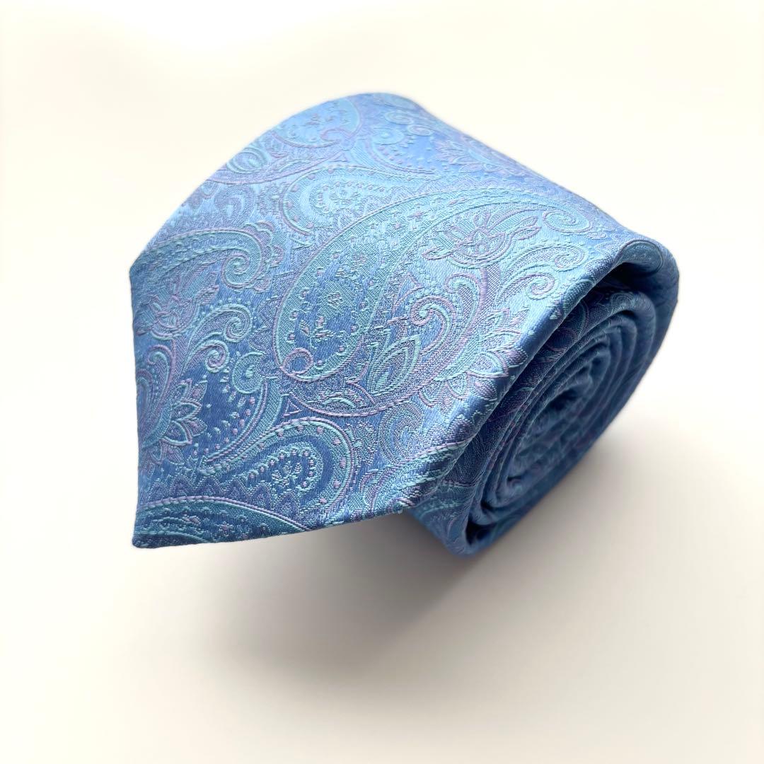 ꧁極美品꧂ アクアスキュータム ネクタイ ジャガード織 ペイズリー 花柄 ブルー