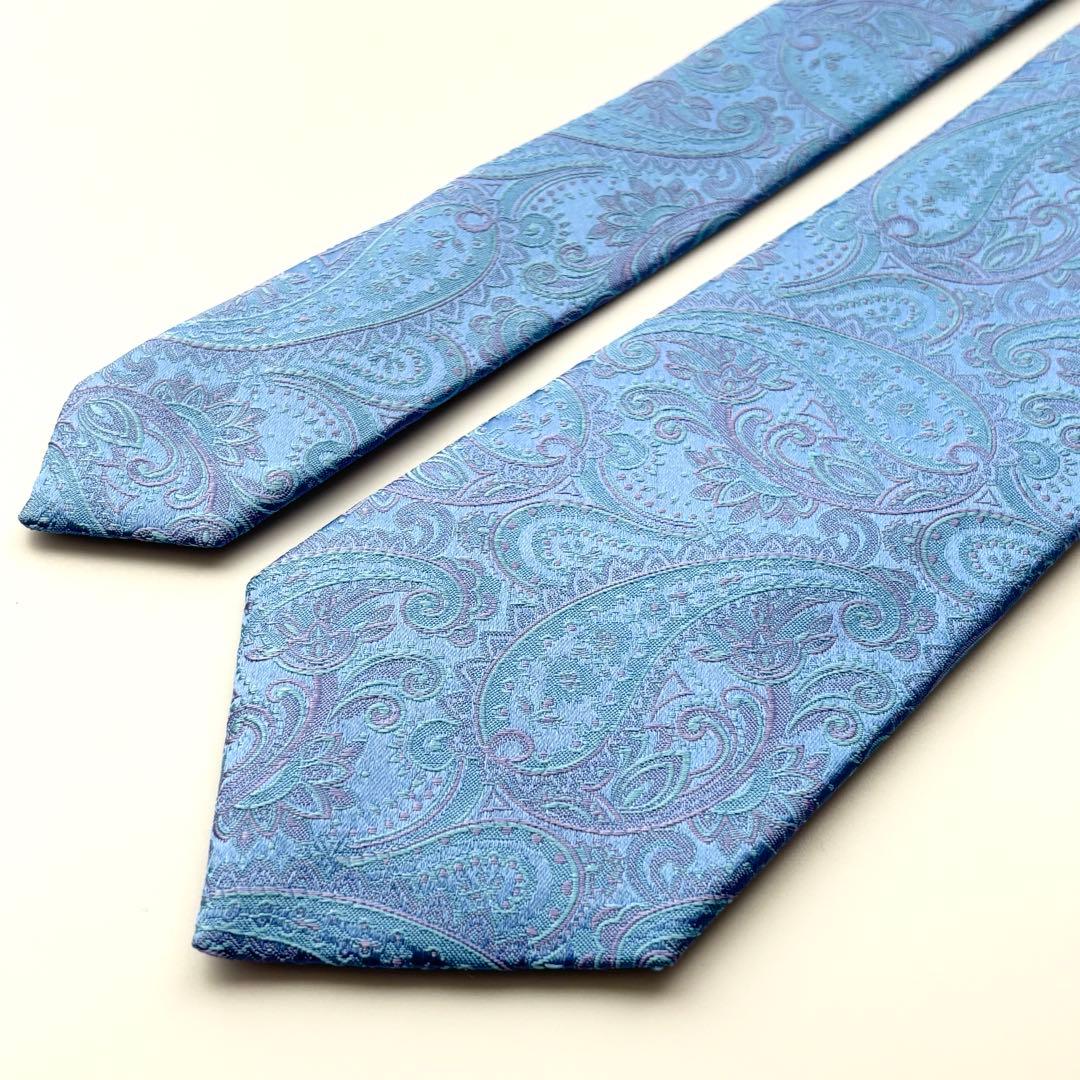 ꧁極美品꧂ アクアスキュータム ネクタイ ジャガード織 ペイズリー 花柄 ブルー