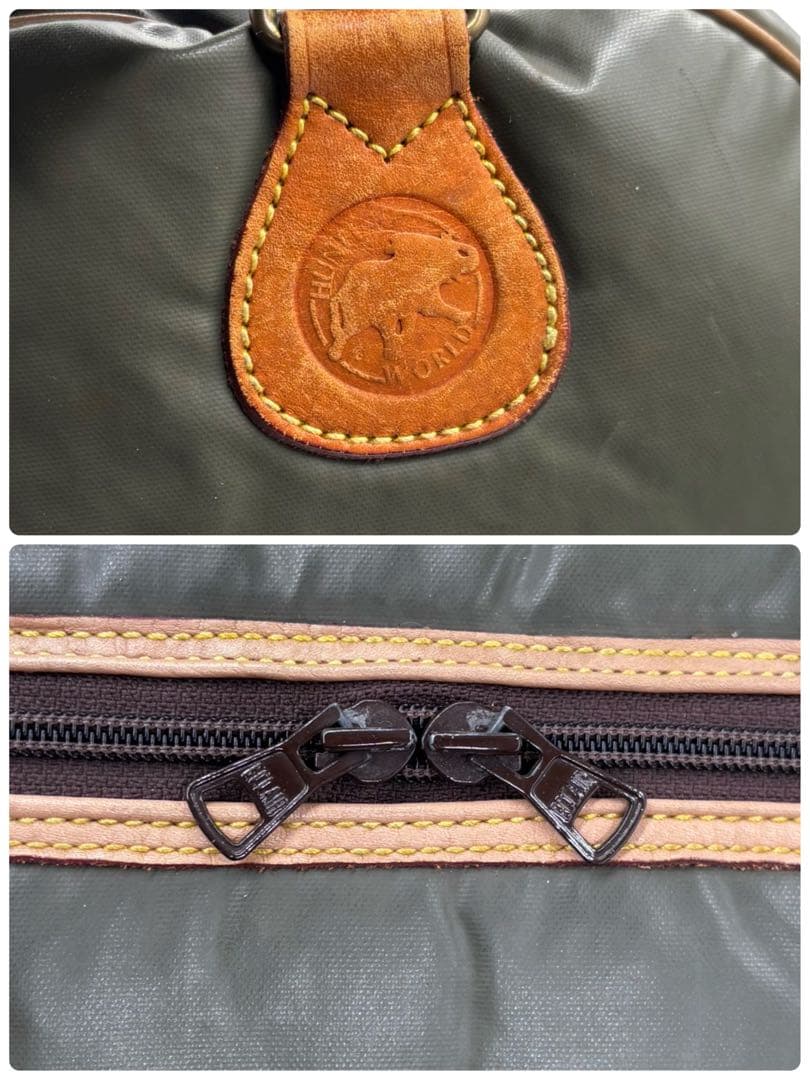 【ヴィンテージ】ハンティングワールド　ボストンバッグ　ナイロン　レザー　カーキ