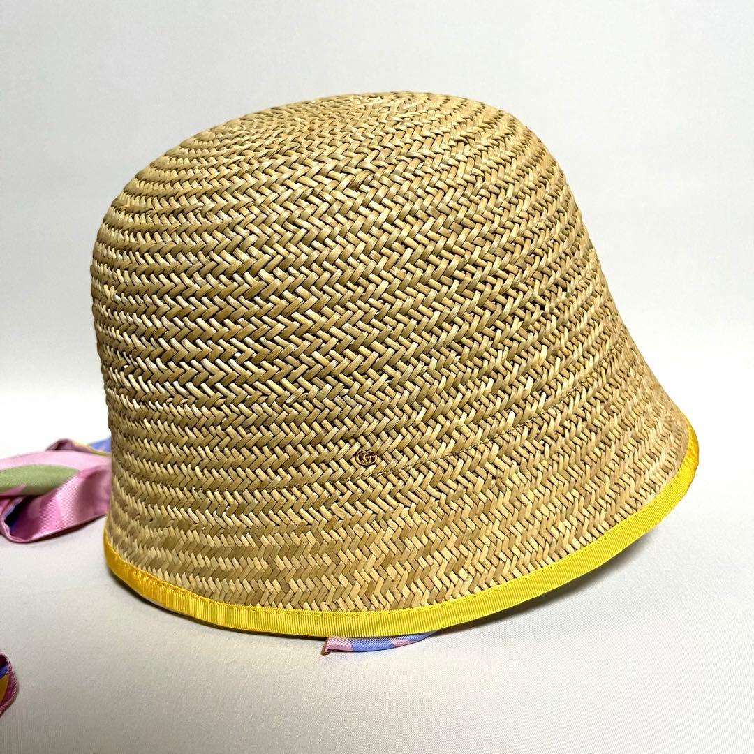 【送料無料】グッチ　GGロゴ　リボン付き　ストロー　クロッシュハット