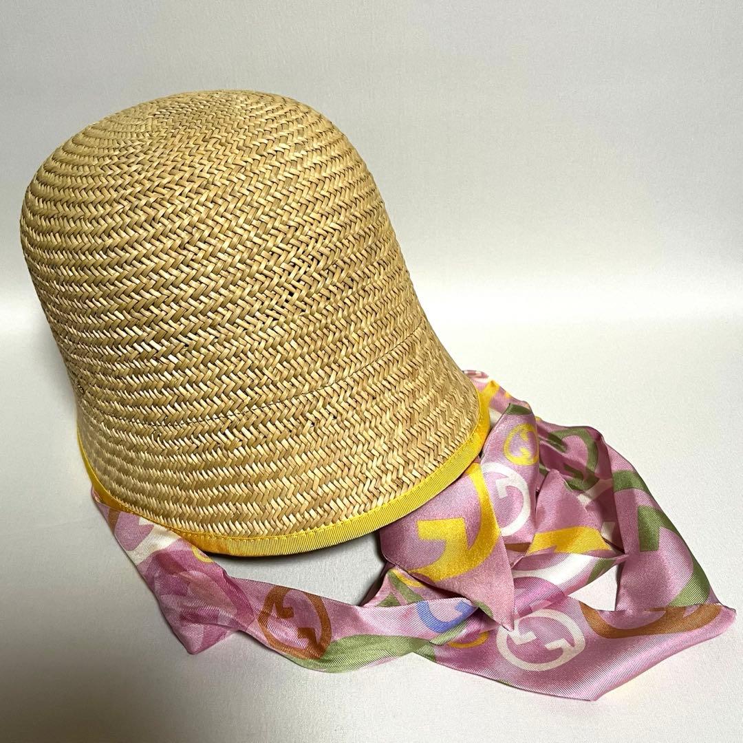 【送料無料】グッチ　GGロゴ　リボン付き　ストロー　クロッシュハット