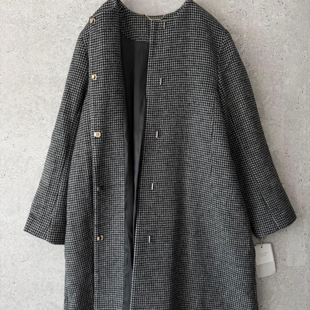 24AW✨CELFORD ノーカラーコート カシミヤ　チェック　38 タグ付き