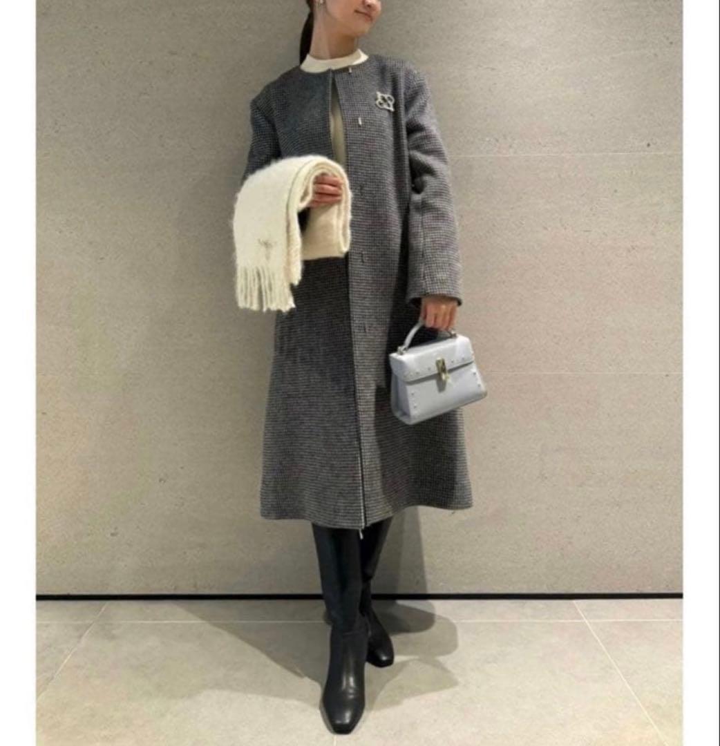 24AW✨CELFORD ノーカラーコート カシミヤ　チェック　38 タグ付き