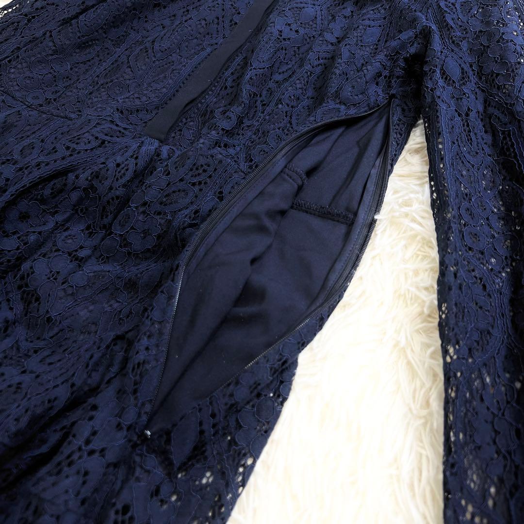 美品✨セルフォード ロングワンピース 総レース 襟付き Aライン ネイビー 38