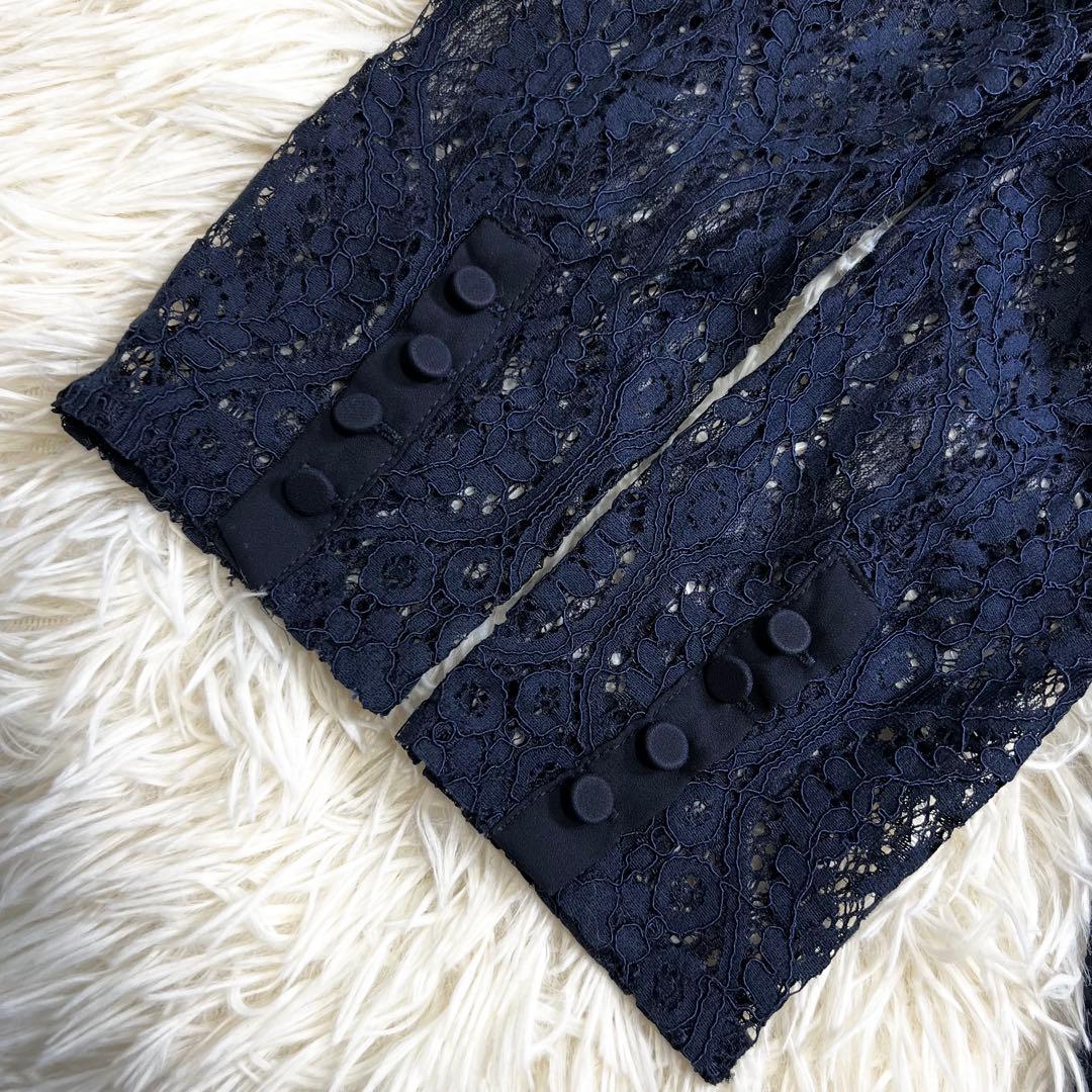 美品✨セルフォード ロングワンピース 総レース 襟付き Aライン ネイビー 38