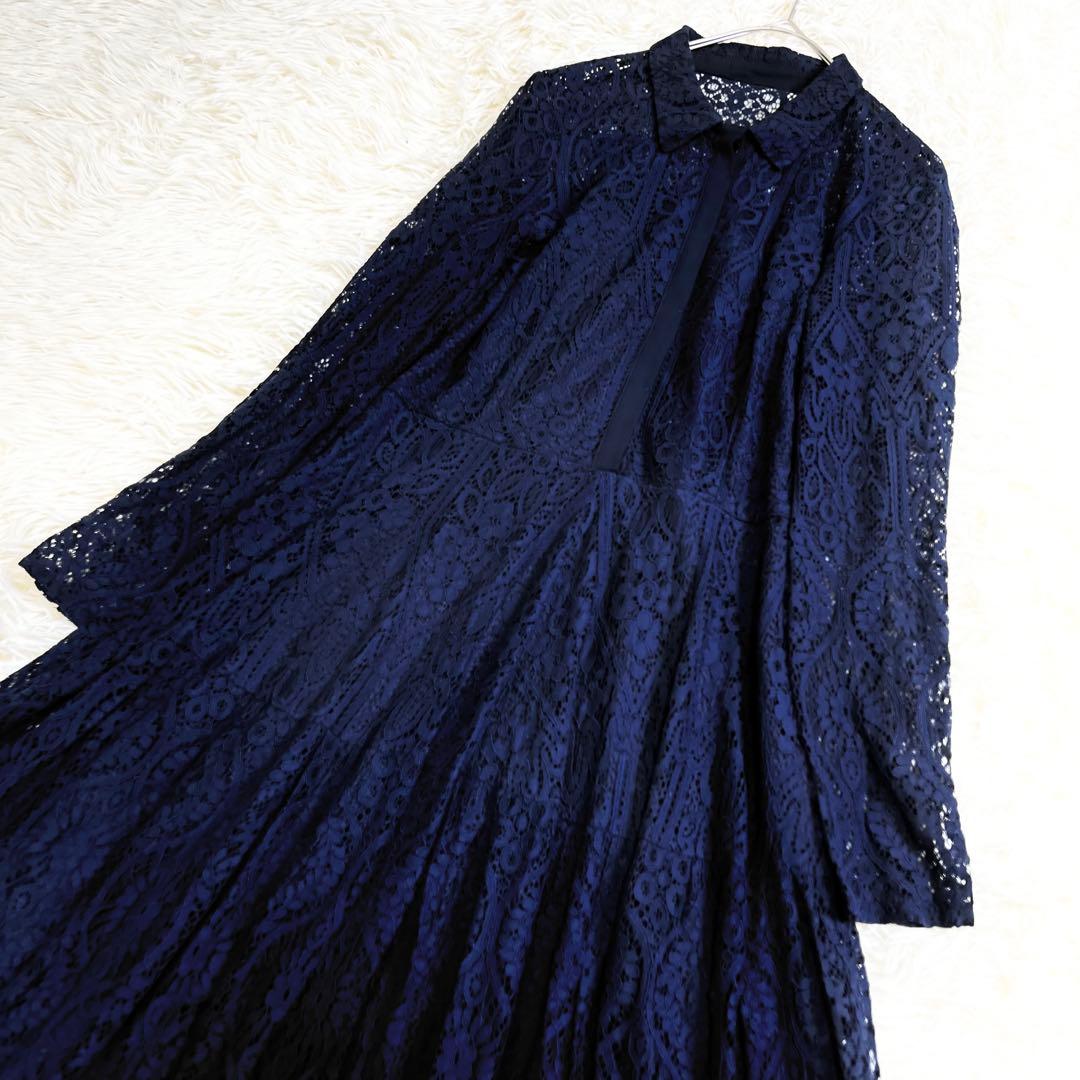 美品✨セルフォード ロングワンピース 総レース 襟付き Aライン ネイビー 38