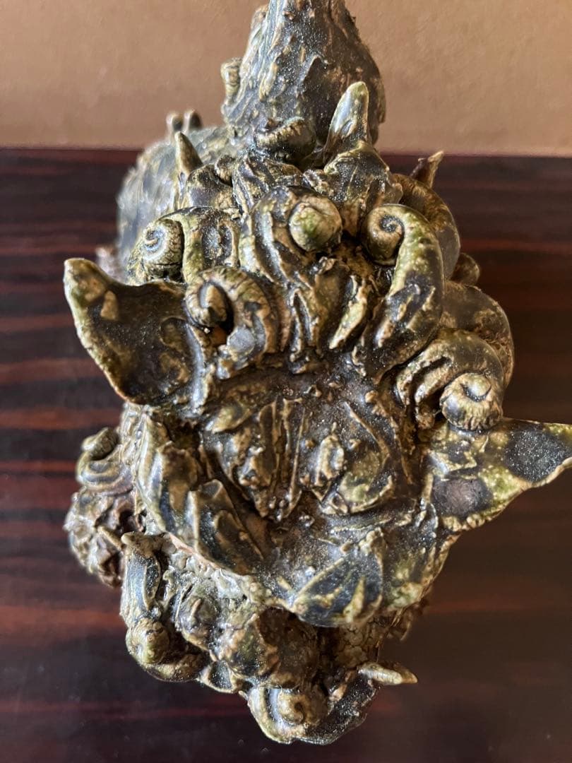 龍山窯【前川電光】作 織部釉 玉獅子置物 唐獅子 縁起物魔除除災 守護神　箱有