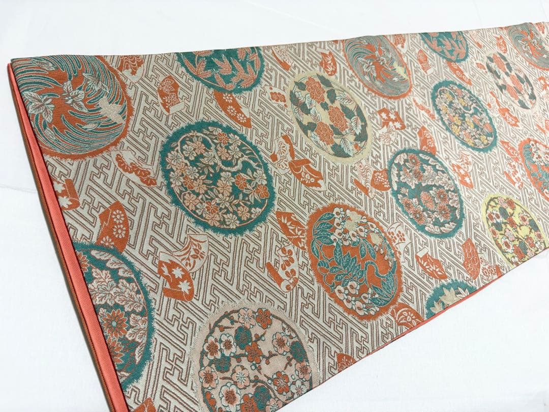 A 山喜織物謹製 萬葉 花々模様 グレー 正絹 全通 袋帯 O49