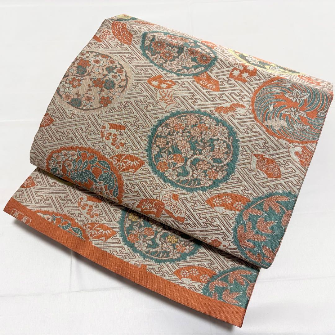 A 山喜織物謹製 萬葉 花々模様 グレー 正絹 全通 袋帯 O49