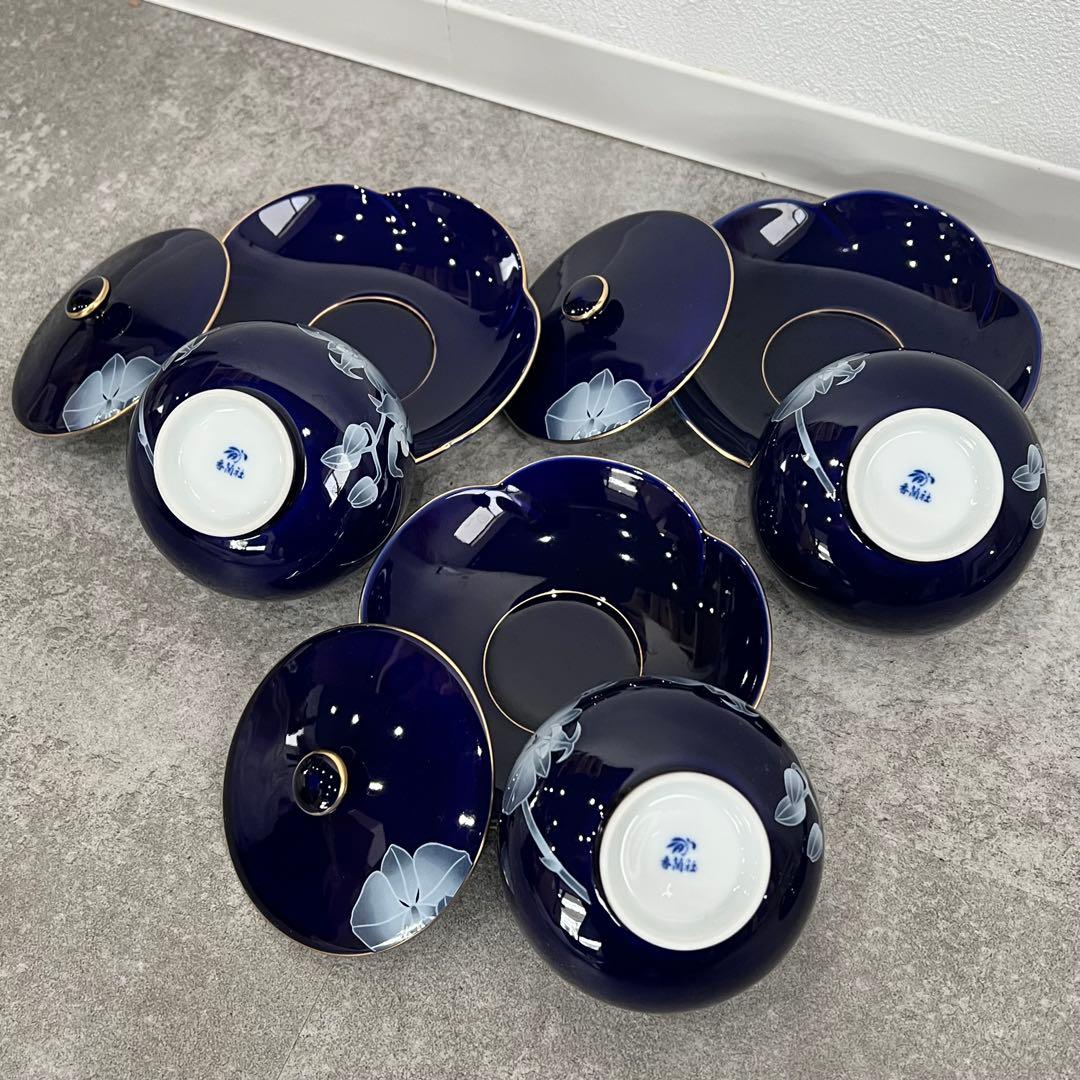 美品 香蘭社 ルリ胡蝶蘭 湯呑み3客+皿3枚セット青色 食器セット 骨董41
