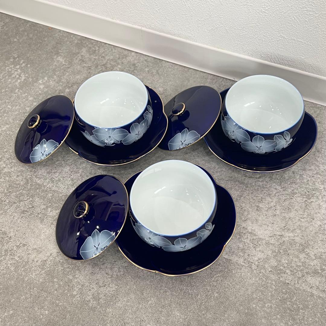 美品 香蘭社 ルリ胡蝶蘭 湯呑み3客+皿3枚セット青色 食器セット 骨董41