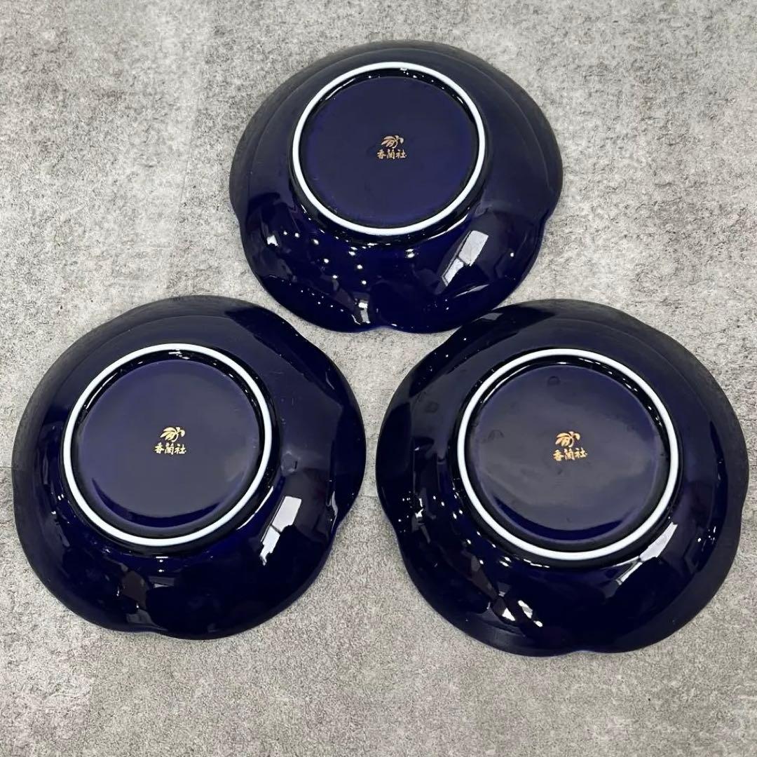 美品 香蘭社 ルリ胡蝶蘭 湯呑み3客+皿3枚セット青色 食器セット 骨董41