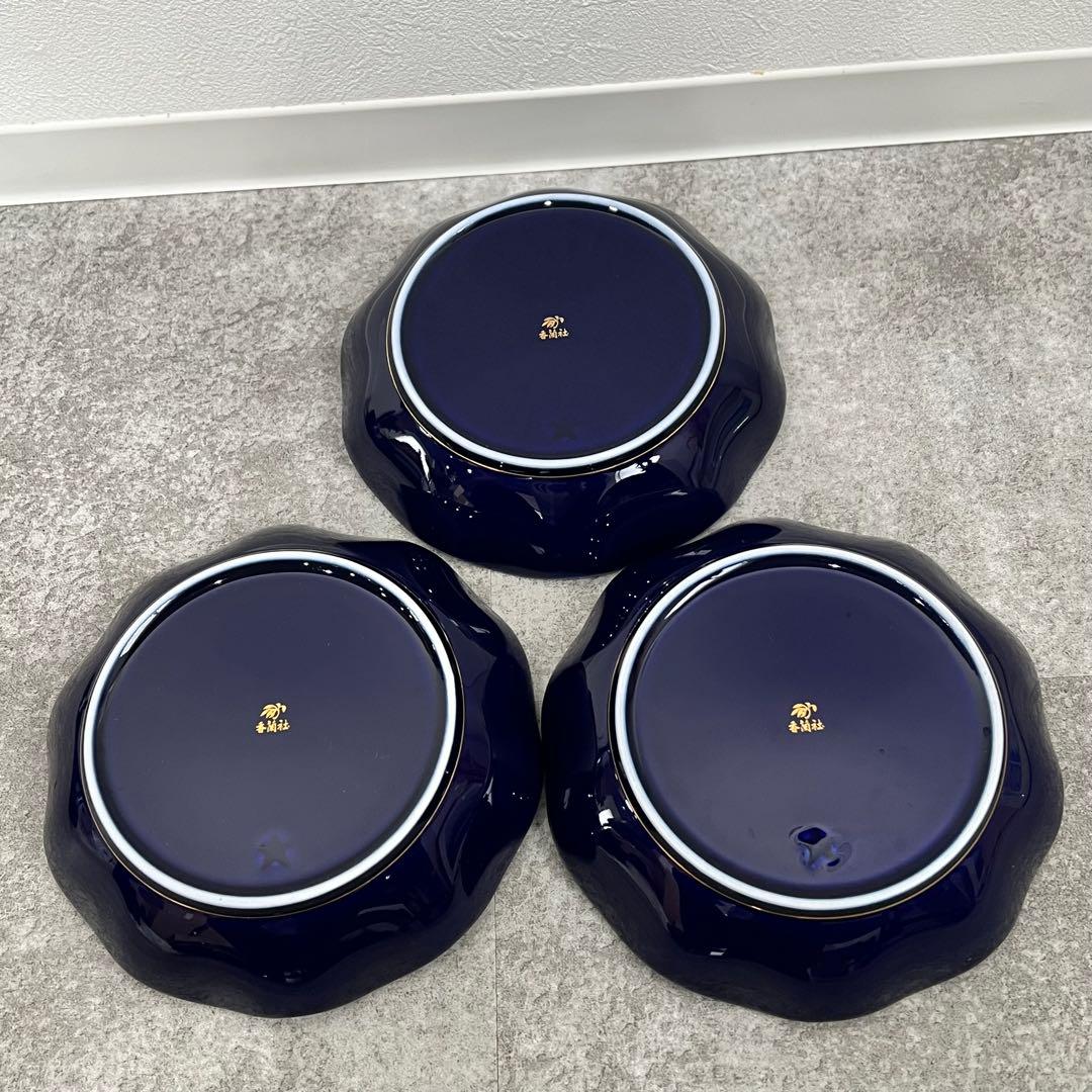 美品 香蘭社 ルリ胡蝶蘭 湯呑み3客+皿3枚セット青色 食器セット 骨董41