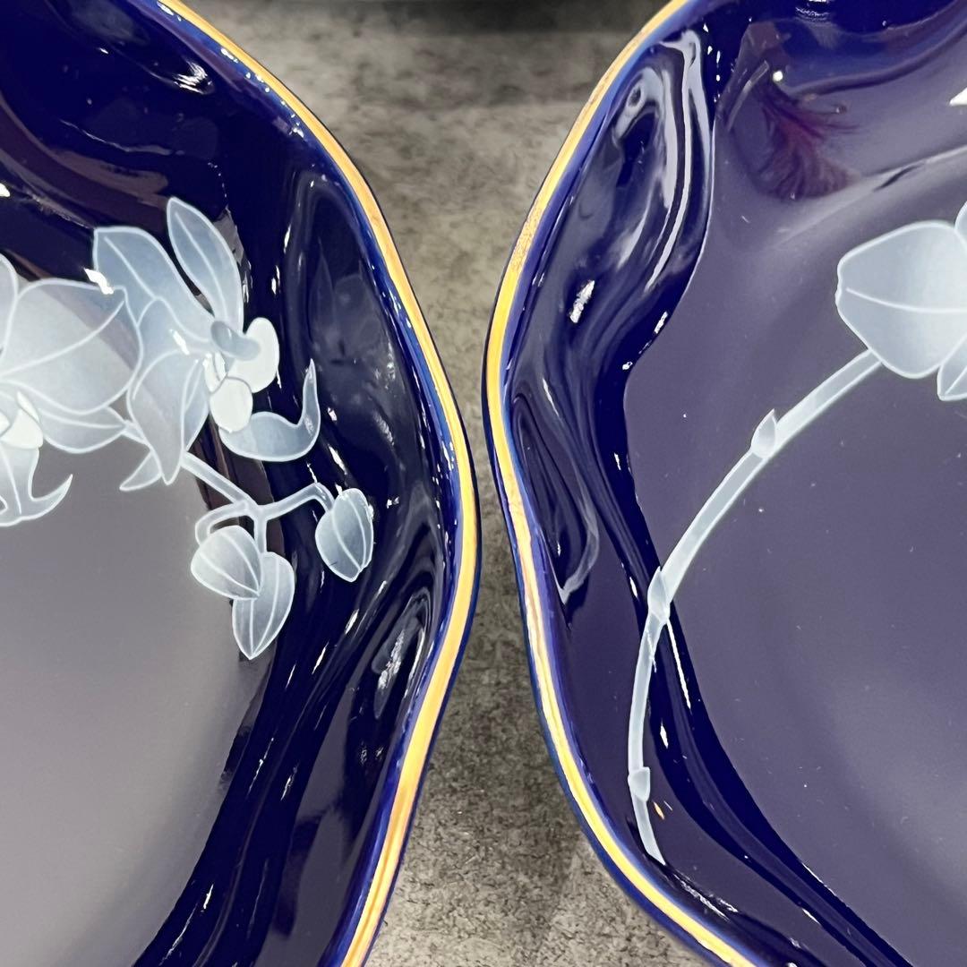 美品 香蘭社 ルリ胡蝶蘭 湯呑み3客+皿3枚セット青色 食器セット 骨董41