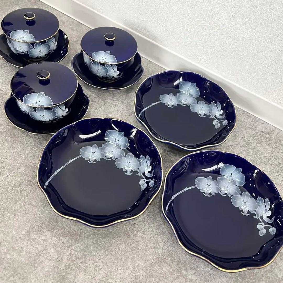 美品 香蘭社 ルリ胡蝶蘭 湯呑み3客+皿3枚セット青色 食器セット 骨董41