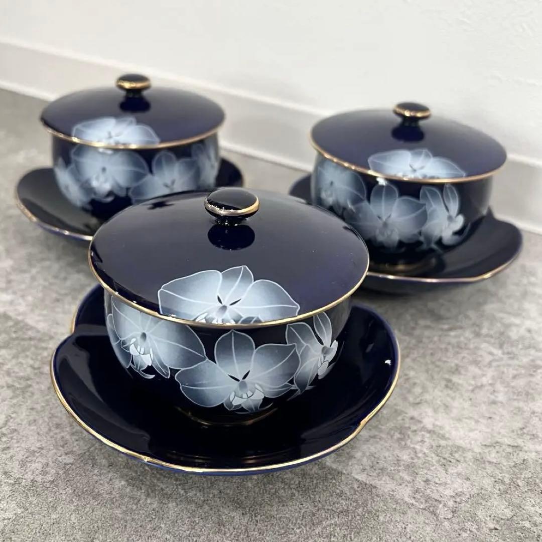 美品 香蘭社 ルリ胡蝶蘭 湯呑み3客+皿3枚セット青色 食器セット 骨董41