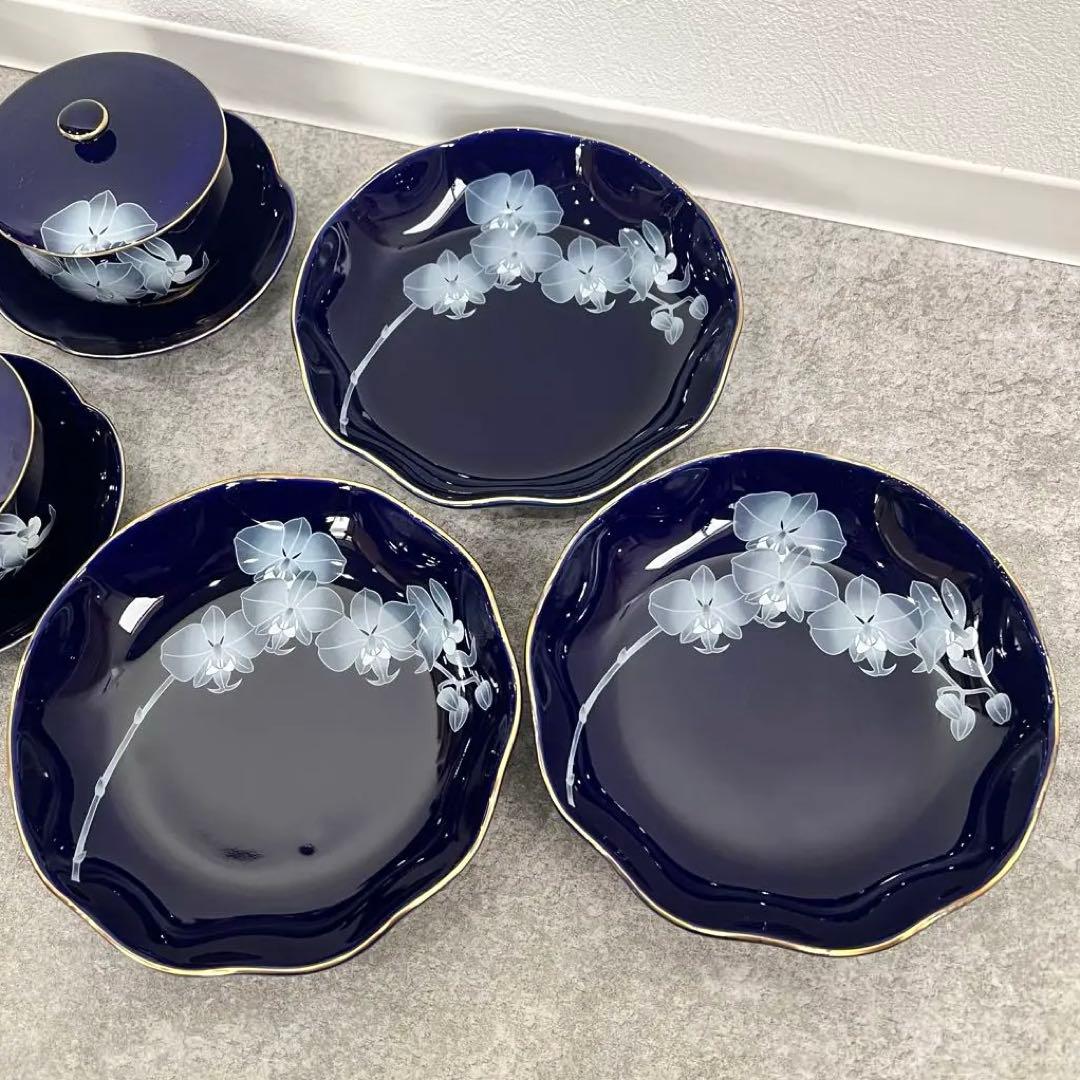 美品 香蘭社 ルリ胡蝶蘭 湯呑み3客+皿3枚セット青色 食器セット 骨董41