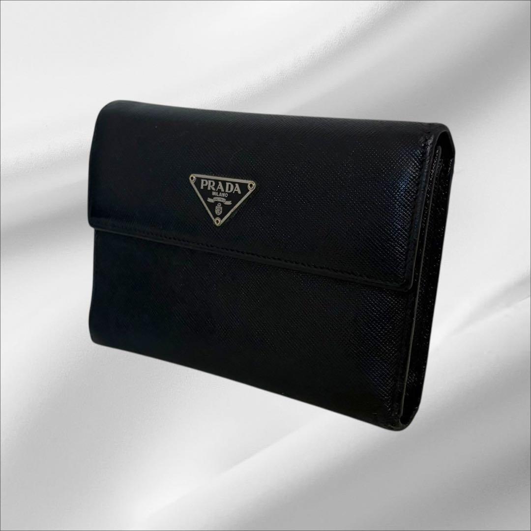 超極美品✨ PRADA プラダ 三つ折り財布 サフィアーノ ブラック 三角ロゴ