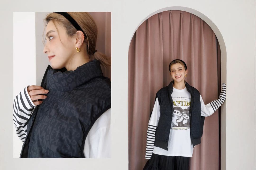 Naptime Nissy中綿リバーシブルベストBLACK×総柄BLACK M