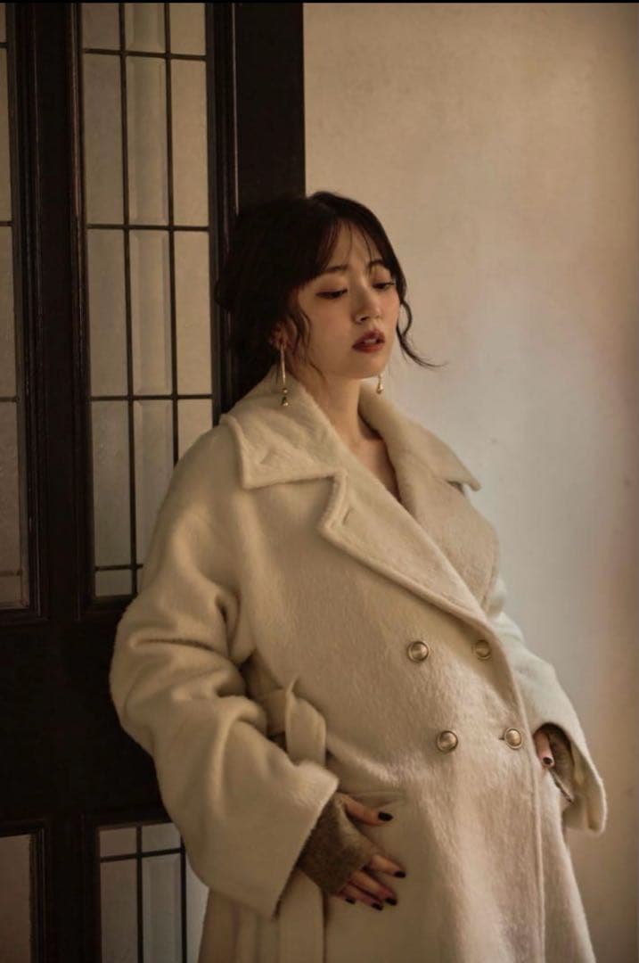 完売品midealマイディール鈴木愛理着ウール混シャギーミドルコートアイボリー白