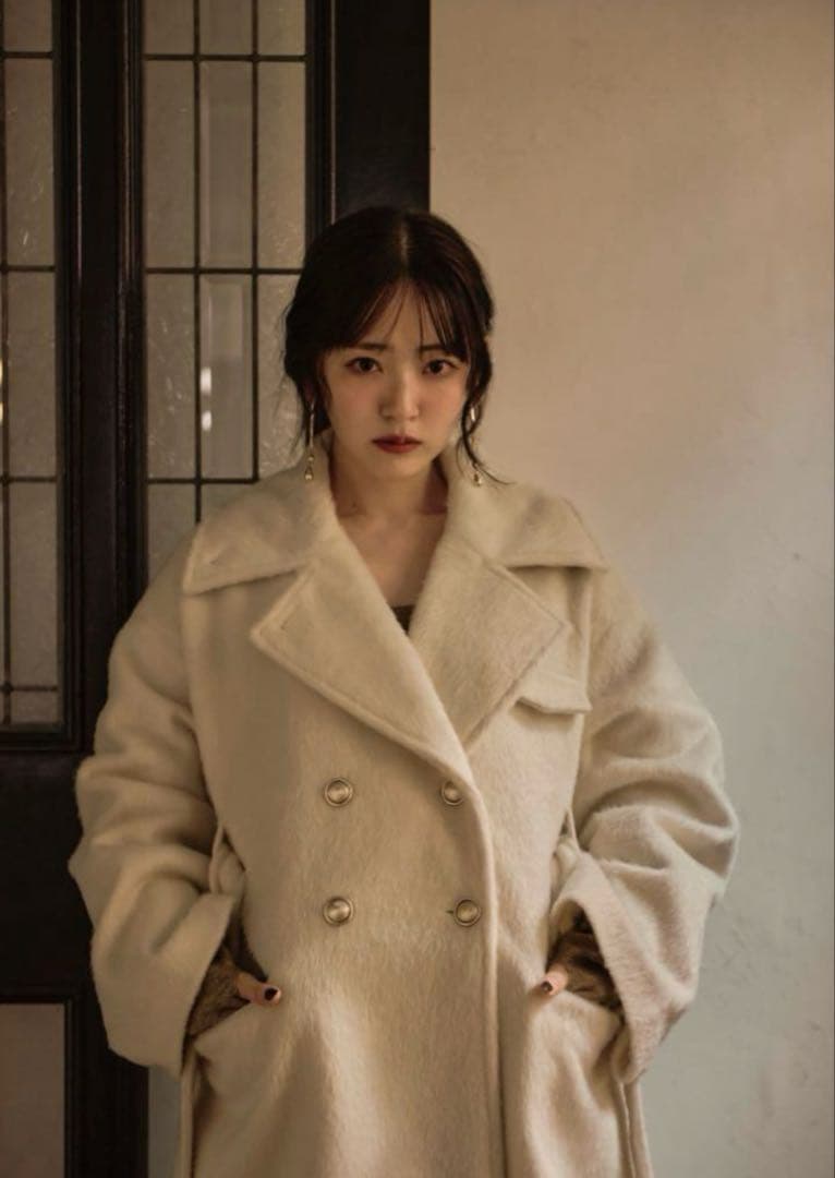 完売品midealマイディール鈴木愛理着ウール混シャギーミドルコートアイボリー白