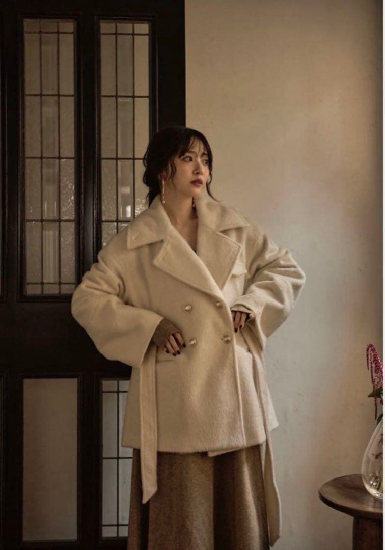 完売品midealマイディール鈴木愛理着ウール混シャギーミドルコートアイボリー白