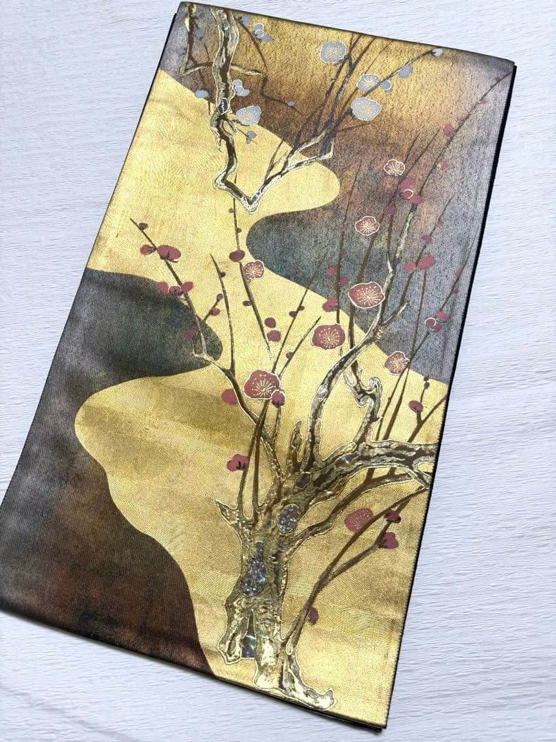 m-75 螺鈿細工 枝梅 袋帯 正絹