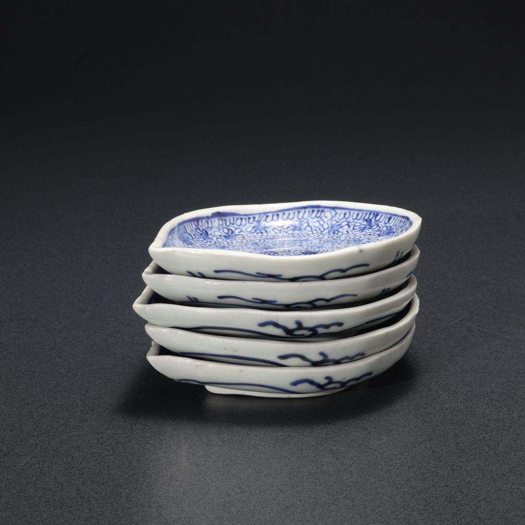 伊万里染付微塵唐草　しずく形豆皿５枚　骨董　古伊万里　R1663