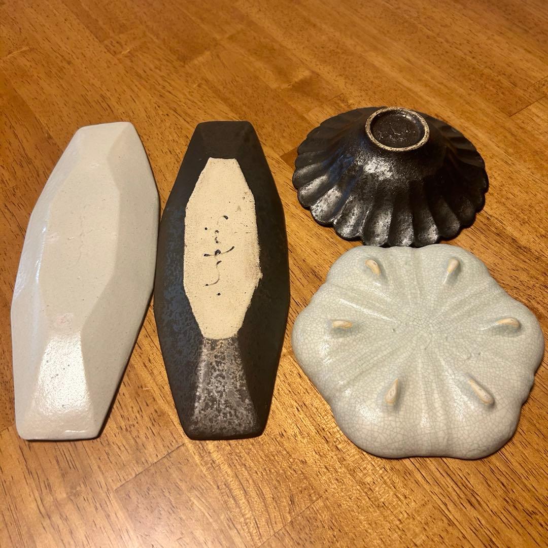 安福由美子 八角長皿 黒1枚・白1枚 菊鉢 黒1枚 フリル小皿 白1枚 計4枚