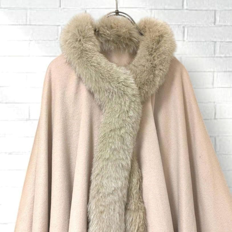 極太フォックスファー カシミヤ100% ポンチョコート　ベージュ 大判