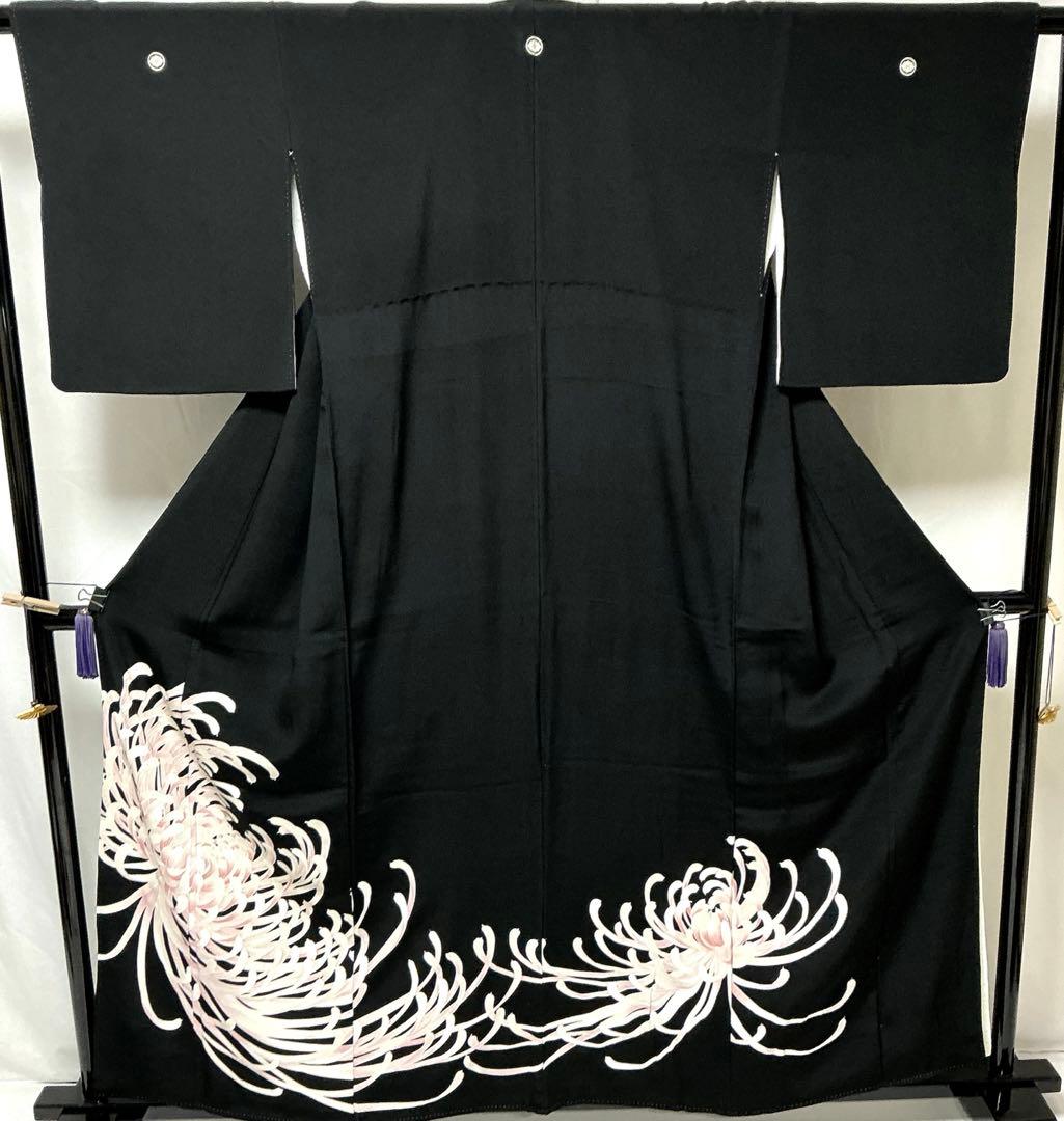 b320 正絹　黒留袖　比翼付　五つ紋　乱菊　着物