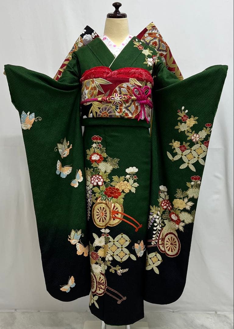 豪華　総絞り　振り袖　フルセット　別誂長襦袢付　金彩　刺繍　成人式　　緑　532
