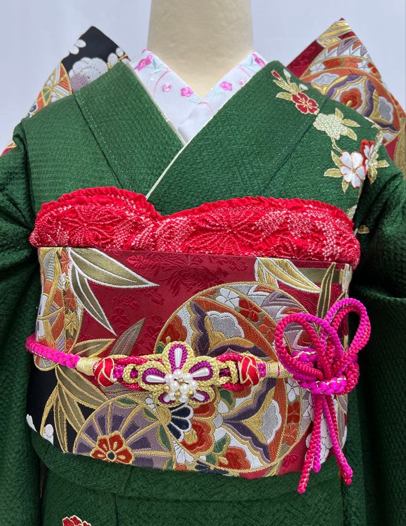 豪華　総絞り　振り袖　フルセット　別誂長襦袢付　金彩　刺繍　成人式　　緑　532