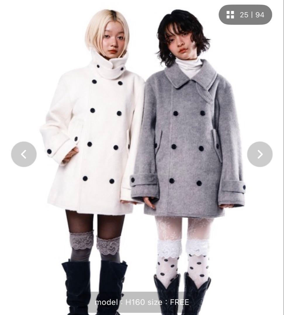 ダブルブレストコートsmyeon スミョン　ミドルシャギーコート グレー