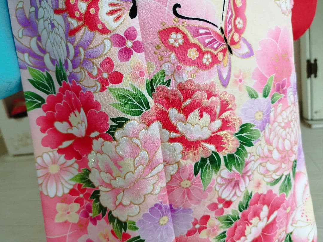 刺繍いりブルーピンクの着物に白シルバーの作り帯セット☆七五三などに