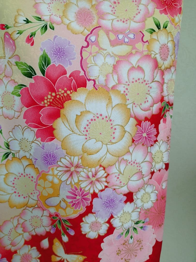 刺繍いりブルーピンクの着物に白シルバーの作り帯セット☆七五三などに