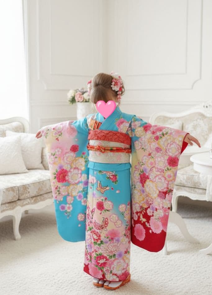 刺繍いりブルーピンクの着物に白シルバーの作り帯セット☆七五三などに