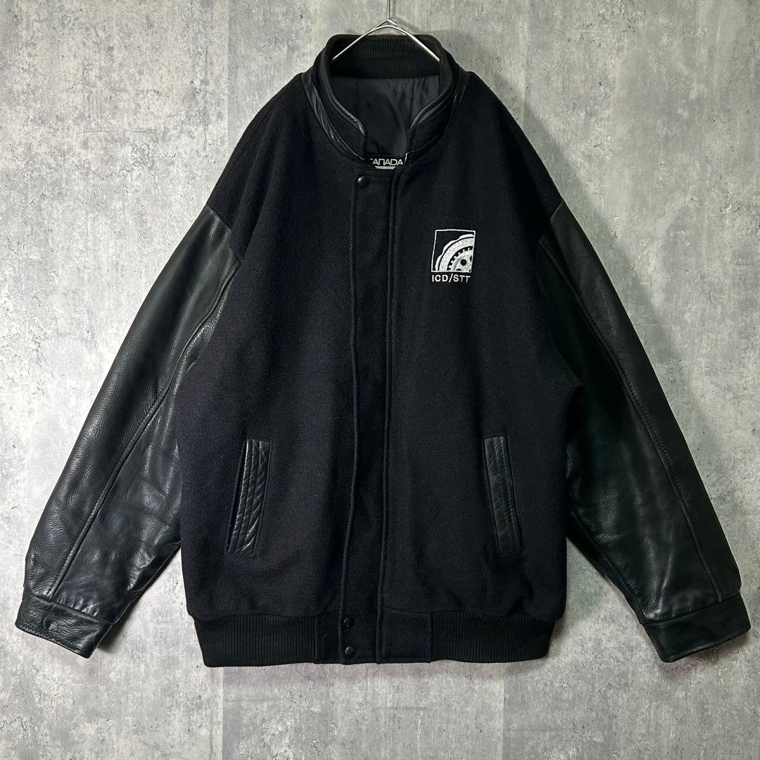カナダ製 極上 スタジャン 企業刺繍ロゴ レザー ウール 中綿 黒 本革