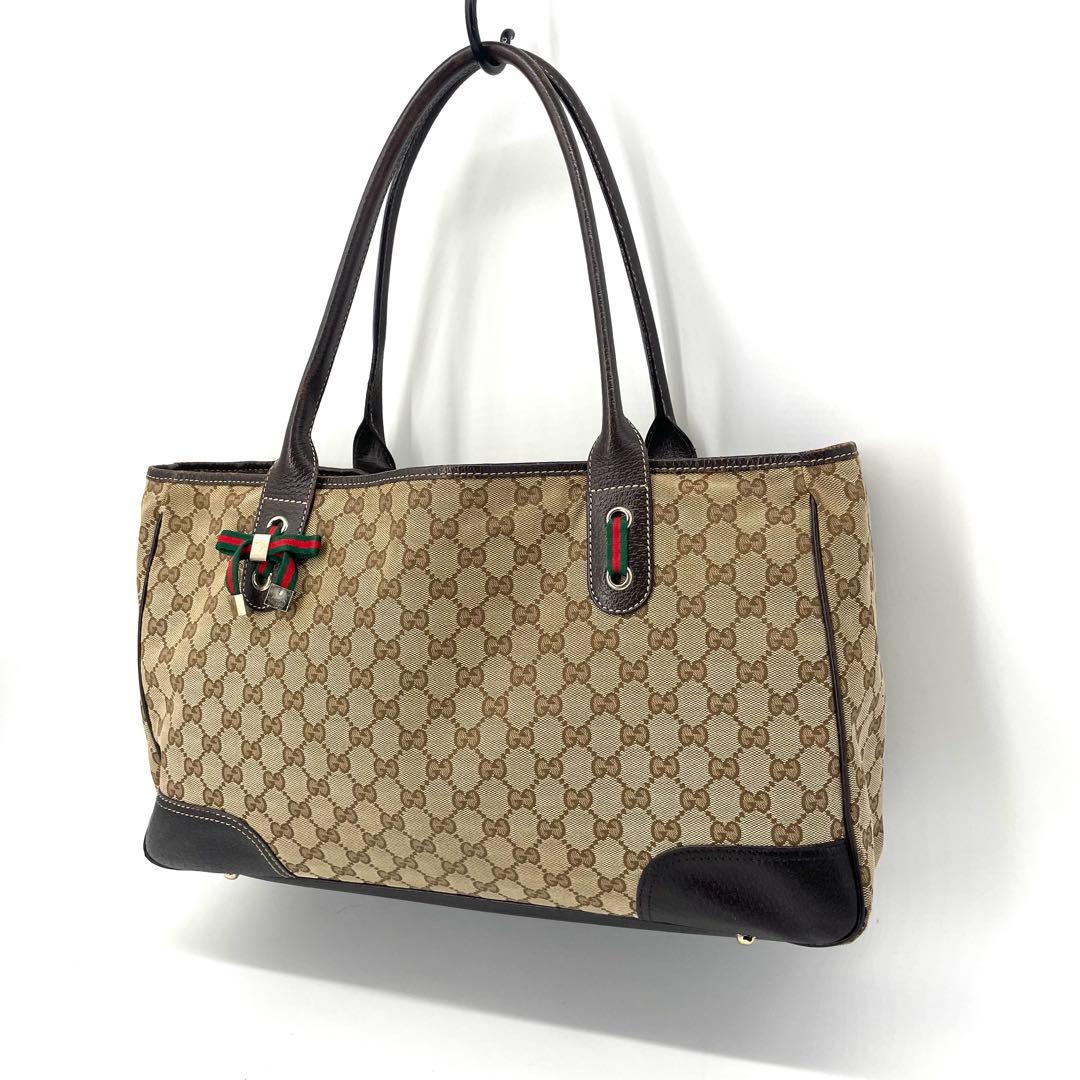 グッチ✨GGキャンバス レザー トートバッグ A4収納可 シェリーライン ハンド