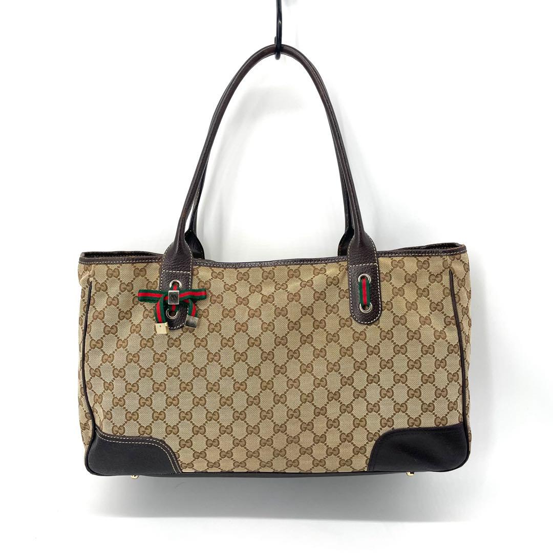 グッチ✨GGキャンバス レザー トートバッグ A4収納可 シェリーライン ハンド