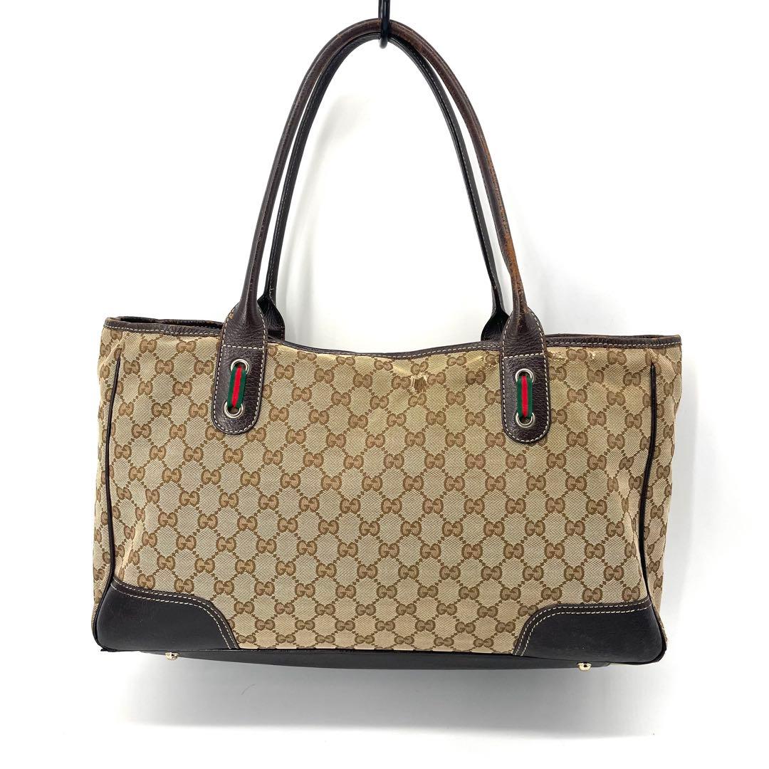 グッチ✨GGキャンバス レザー トートバッグ A4収納可 シェリーライン ハンド