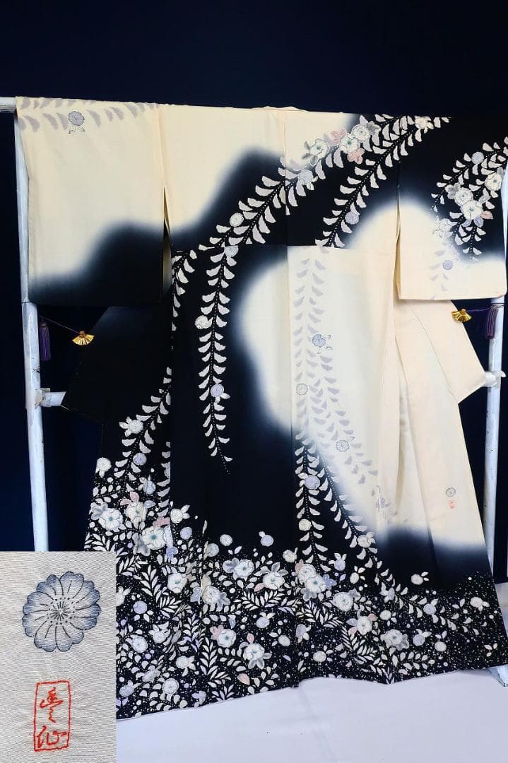 美品 訪問着 辻が花 オフホワイト 黒 モノトーン 身丈160cm 正絹