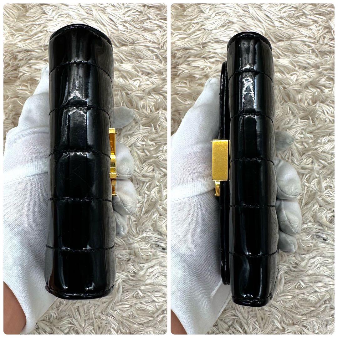 【美品】サンローラン 三つ折財布 ブラック エナメル YSL ゴールドロゴ