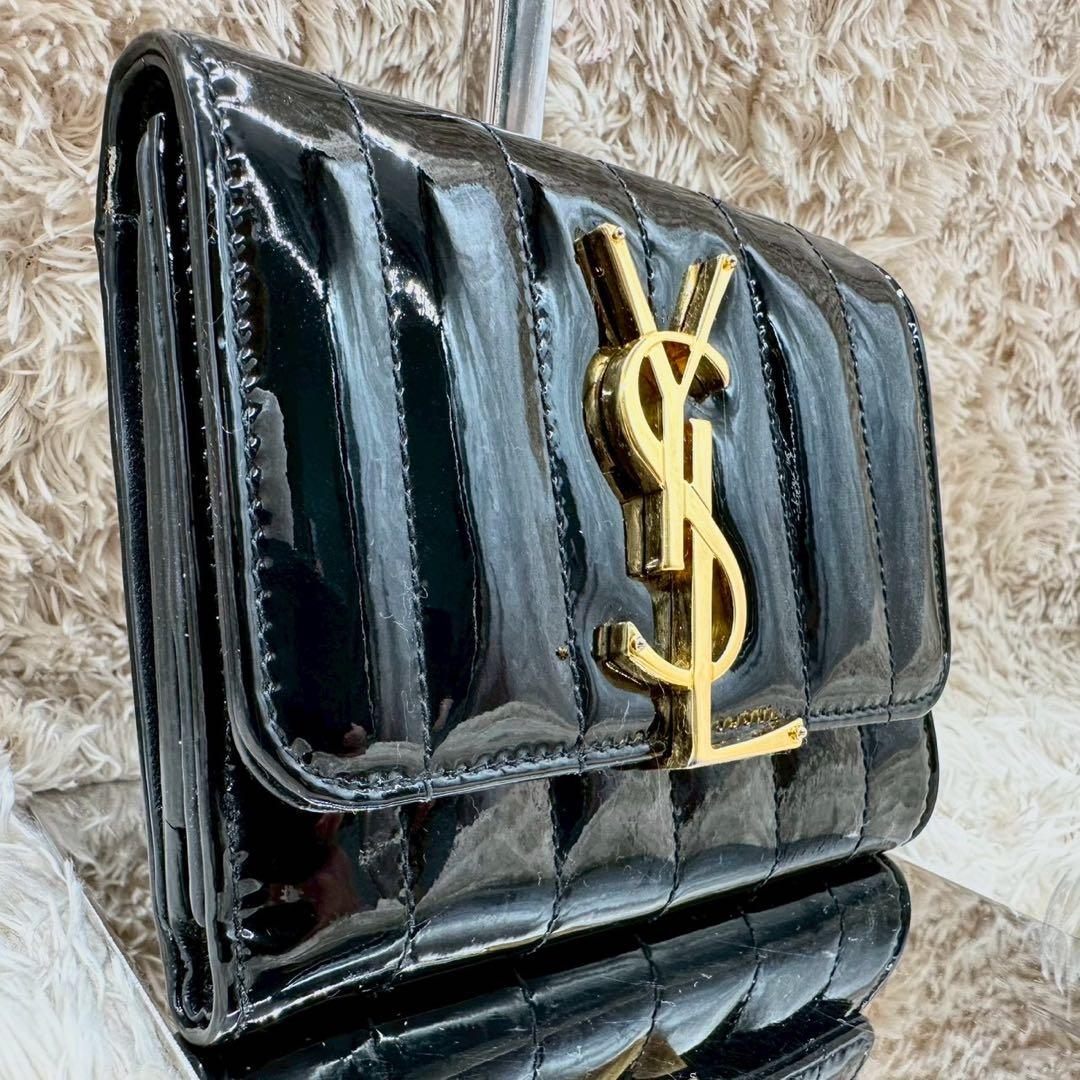 【美品】サンローラン 三つ折財布 ブラック エナメル YSL ゴールドロゴ