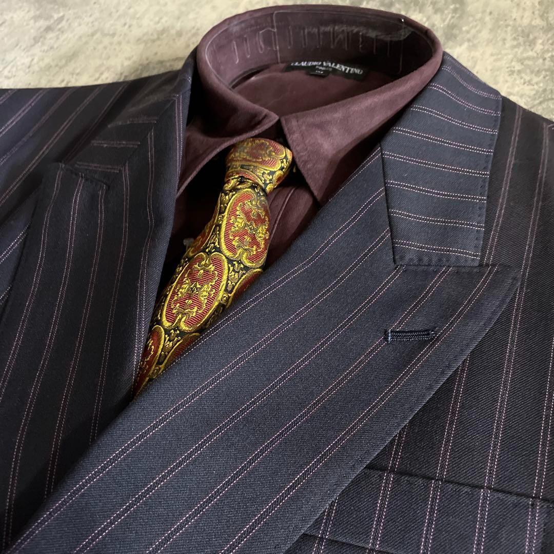 至高 極上ウール ピンクストライプ VERSACE ネクタイ ダブルスーツ XL