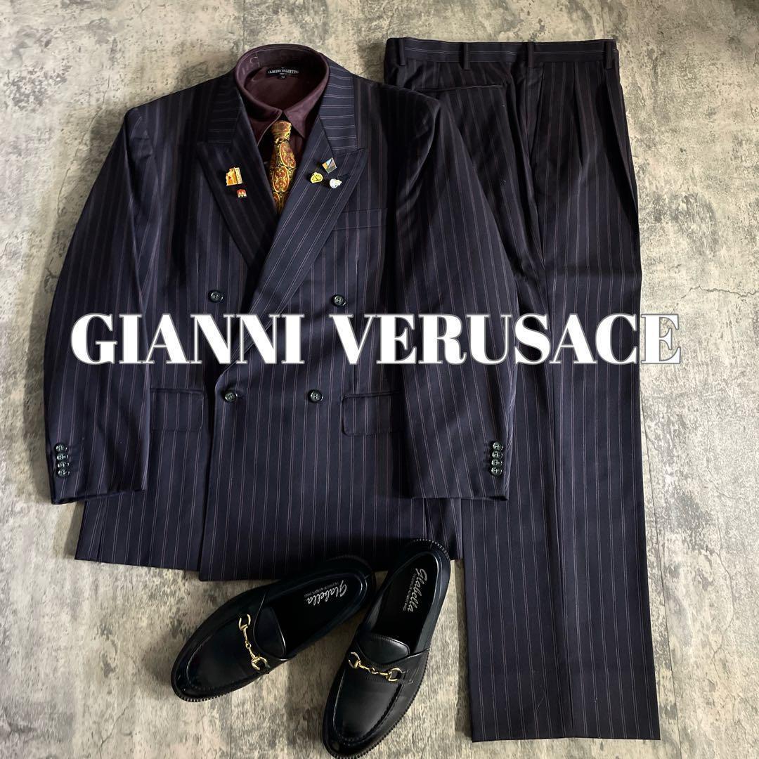 至高 極上ウール ピンクストライプ VERSACE ネクタイ ダブルスーツ XL