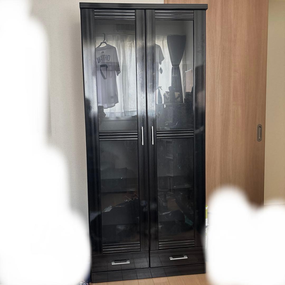 【送料込！組立不要】キャビネット　本棚　収納　ガラスケース　ブラック