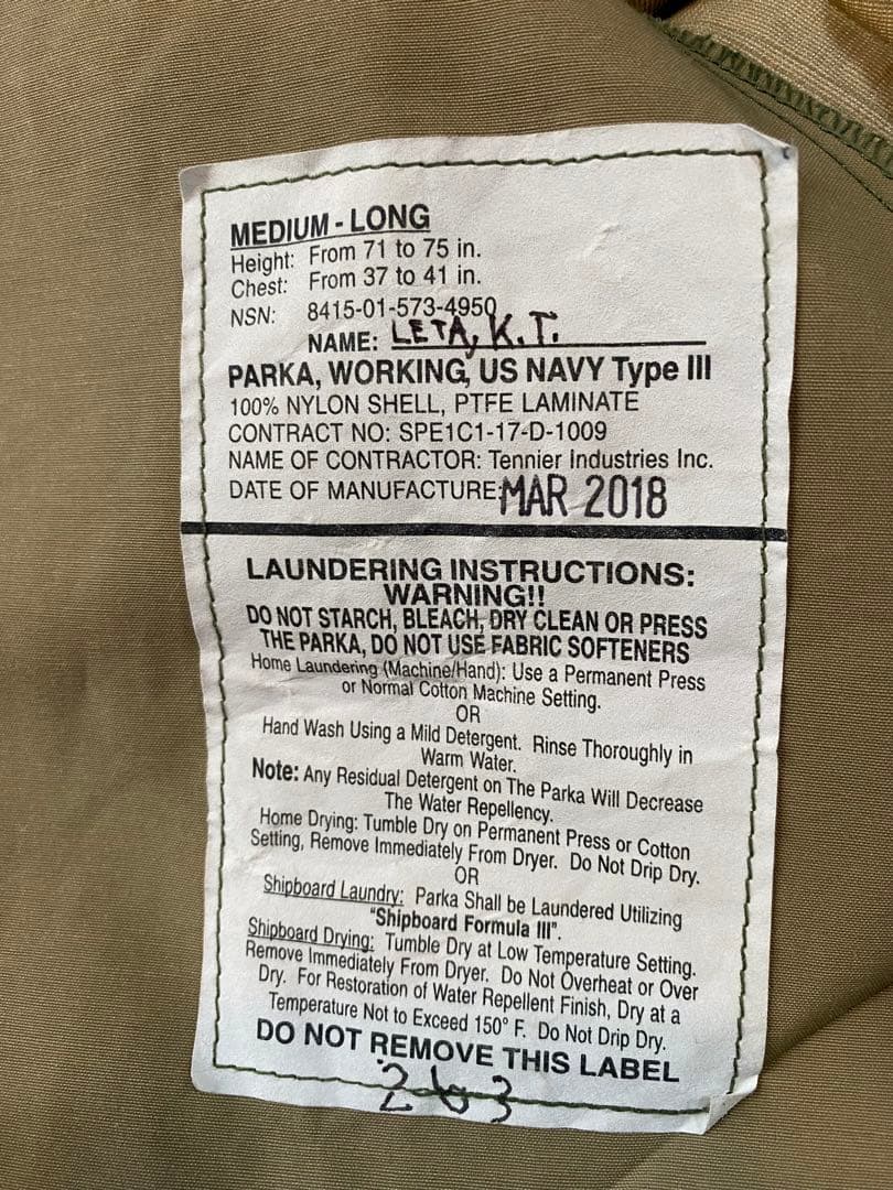 US NAVY放出品　PARKA WORKING Type III ゴアテックス