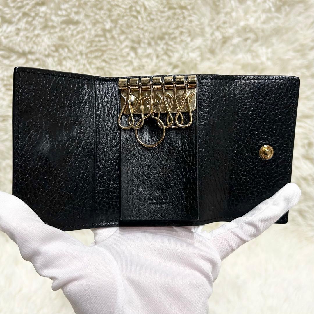 付属品有り グッチ キーケース 6連 レザー GGロゴ マーモント 総柄ブラック